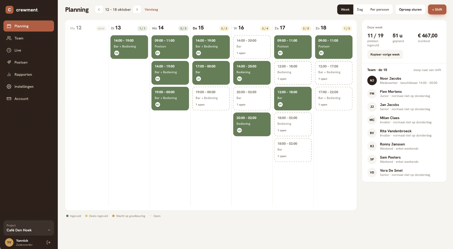 Crewment — weekplanning met shiften per dag en teamoverzicht